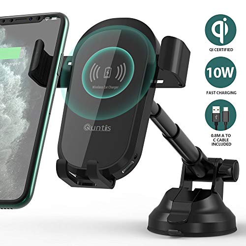 Quntis Qi Cargador Inalámbrico Coche Automático Soporte móvil para Coche Inteligente Carga Rápida 10W/7.5W para iPhone 11/11 Pro/11 Pro MAX/XS MAX/XS/XR/X/8, Galaxy S10/Note 9/S9/S8/S7