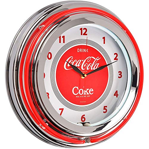 Reloj redondo luminoso doble neón Coca-Cola rojo y blanco acabado cromado y crista the Coca-Cola Coke