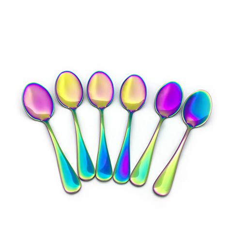 Renohef Cucharas de café Rainbow,Cuchara plateada colorida del titanio del acero inoxidable, conjunto de la cuchara del té, cuchara del helado, la cucharilla del postre,conjunto de 6 (Apuntado)