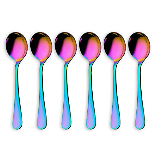 Renohef Cucharas de café Rainbow,Cuchara plateada colorida del titanio del acero inoxidable, conjunto de la cuchara del té, cuchara del helado, la cucharilla del postre,conjunto de 6 (Ronda)