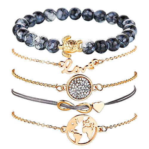 Richaa Conjunto de Pulsera Ajustable en Capas,5 Unidades Corazón Amor Mapa del Mundo Tortuga con Cuentas Pulsera de la Personalidad Personalidad Joyería para Regalo del Festival de cumpleaños