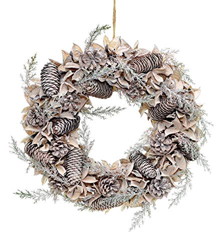 Shatchi - Corona de Navidad hecha a mano con bolas de algodón auténtico, conos de pino vintage, decoración para la puerta, 50 cm, color verde