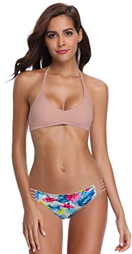 SHEKINI Conjunto de Bikini Sexy para Mujer Extraíble Traje de Baño Pushup Bikini Top Estampado de Impresión Bikini Bikini de Dos Piezas Traje de Baño (L, Rosa Sucio-3)