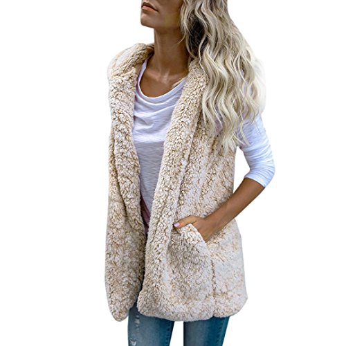 SHOBDW Mujeres Invierno cálido Chaleco Piel sintética Zip hasta Sherpa Chaqueta Sudadera con Capucha Ropa Casual Abrigo (Beige, L)