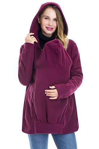 Smallshow Chaqueta Portabebés 2 en 1 Sudaderas de Premamá en Forma de Canguro de Lana con Cremallera Wine S