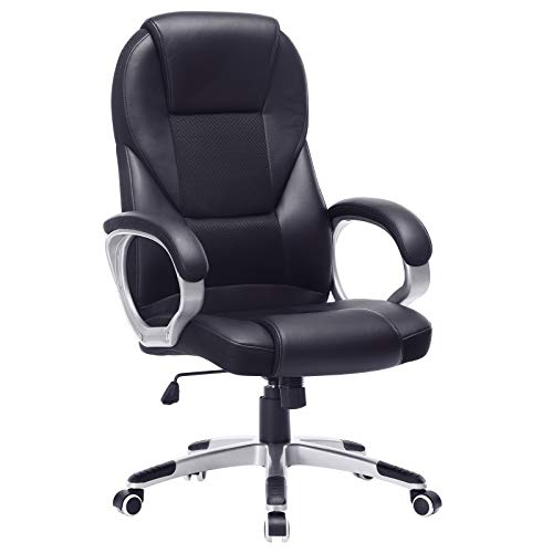 SONGMICS OBG22B - Silla Giratoria de Oficina, Estudio, Ergonómica, PU, con Ruedas, Negro