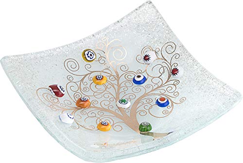 SOSPIRI VENEZIA Bandeja de Vidrio de Cristal de Murano Árbol de la Vida 20 x 20 cm, técnica de fusión de Vidrio, decoración de murino de Hoja de Oro y Murano, Hecho a Mano por Artesanos venecianos