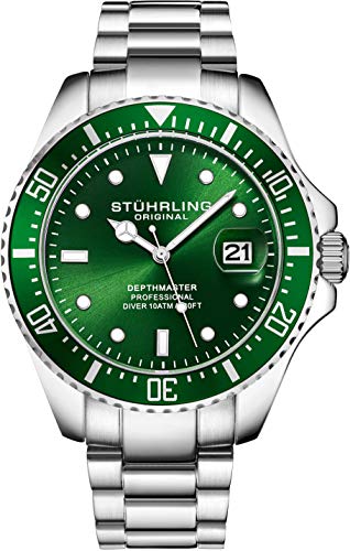 Stuhrling - Reloj de Buceo para Hombre, diseño de Buceo Deportivo con Corona de Rosca y Resistente al Agua hasta 100 m, Esfera analógica, Movimiento de Cuarzo (Verde)