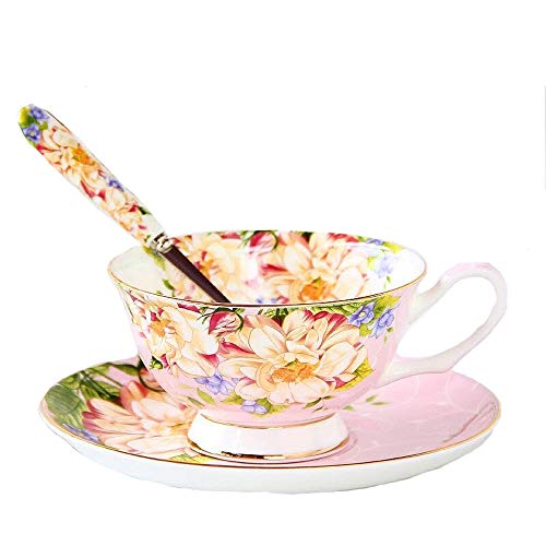 SudaTek Set de Regalo Vintage Fine Bone China Taza de té Cuchara y platillo Conjunto Dorado Fina de Acero Mesa de Comedor y decoración Pink Rose