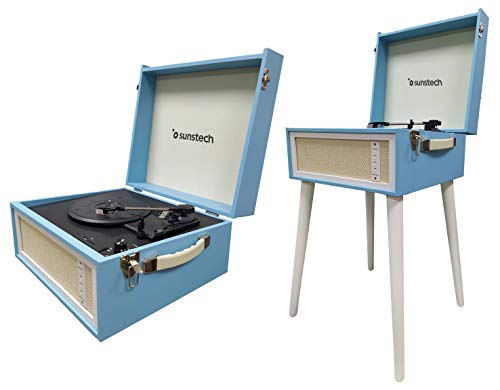 Sunstech Funk. Tocadiscos de Madera.33/45/78 RPM. Maleta Portátil con Patas Desmontables (43 cm) Estilo Mueble. Radio FM, 2 Altavoces, Conversor Vinilos a MP3, USB y Lector de Tarjetas. Color Azul.