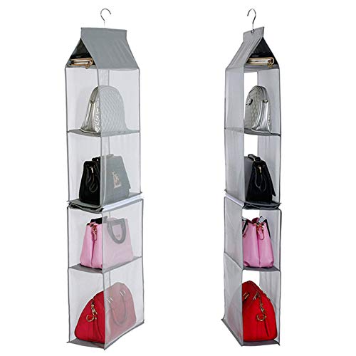 Sunzit Organizador de Bolsos de Mujer, Organizador de 4 Compartimentos para Colgar Bolso de Mano, Organizador de Bolso Transparente para Armario (Gris)