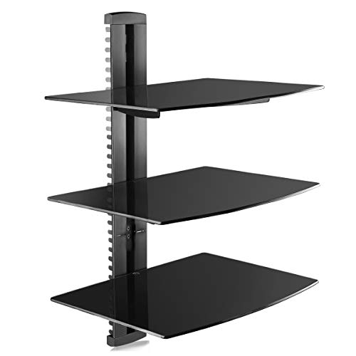 Suptek - Estantería flotante multimedia de pared para TV con cristal endurecido reforzado para reproductor de DVD, cables, consolas de juegos, accesorios de TV, color negro extra-large