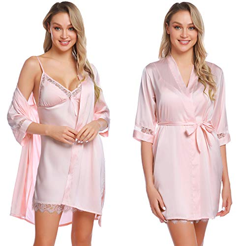 Sykooria Bata Kimono Mujer, 2 Piezas Seda Satén Corto Kimono Bata Pijama Vestido de Encaje Conjunto de Lencería Albornoz Vestido de Dama de Honor de Camisón