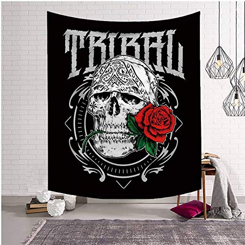 Tapices Tapiz Colgante De Pared,Estético Hippie Trippy Negro Blanco Nervioso Gótico Rosa Flor Calavera Manta De Pared Alfombra Decoraciones Para El Hogar Celling Manteles Cortinas Para Sala De Est