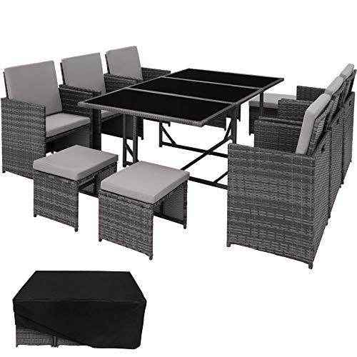 TecTake Conjunto Muebles de Jardín en Ratán Sintético | 1 Mesa + 6 Sillones + 4 Taburetes | Cubierta Antilluvia | Tornillos de Acero Inoxidable (Gris | No. 403058)