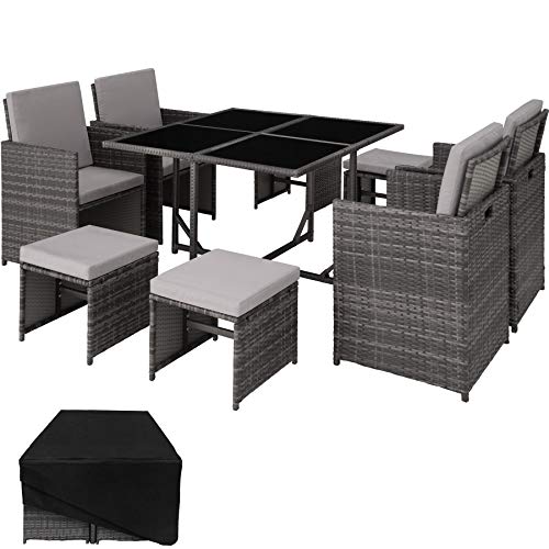 TecTake Conjunto Muebles de jardín en ratán sintético Comedor Juego 4+4+1 + Funda Completa | Tornillos de Acero Inoxidable (Gris | No. 403056)