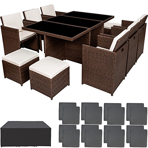 TecTake Poly ratán aluminio sintético muebles de jardín comedor juego 6+4+1 + funda completa + set de fundas intercambiables - disponible en diferentes colores - (Marrón antiguo)