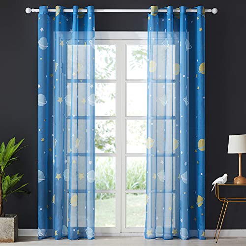 Topfinel Cortinas Estampado Translúcidas Visillos Infantiles Paneles niños Habitaciones Salon Dormitorio Moderno Gasa con Azul Oscuro Planeta Impresión de Ojetes,140 Anchura x 225cm Longitud 2 Pieza