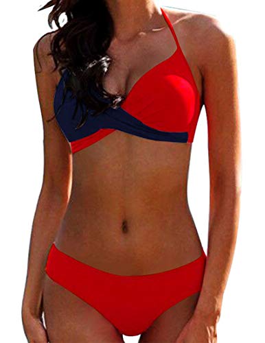 Traje de baño para mujer estilo de retazos, sexy, con tirantes al cuello acolchados, bikini push-up, conjunto de dos piezas rojo M