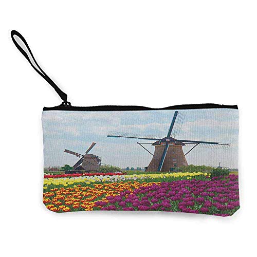 TTmom Carteras de Mujer,Monedero,Windmill Bedding Plants of Netherlands Farm Country Heritage Historical Architecture Theme Wallet Coin Purses Clutch W 8.5" x L 4.5"