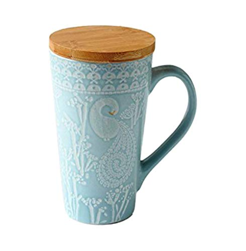 ufengke Pintada A Mano Creativo Mug De Porcelana Taza Grande, Alivio De Flores Y Cisnes Taza De Té De Cerámica Con Tapa, Para Regalo, La Familia Y La Oficina- Azul Claro 480 Ml