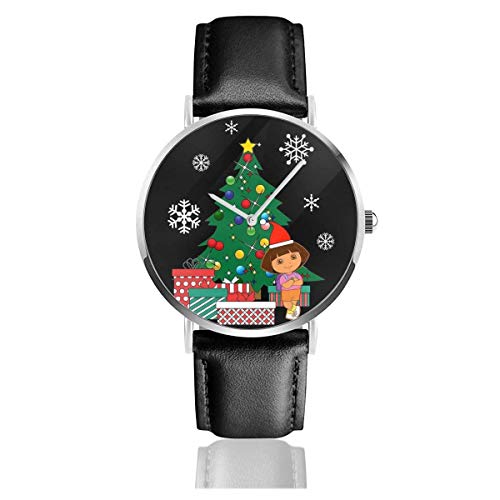 Unisex Business Casual Dora The Explorer Alrededor del árbol de Navidad Relojes Reloj de Cuero de Cuarzo