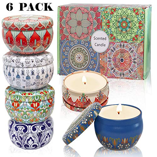 Velas Perfumadas,Cera de Soja Embalaje de Regalo de 6 Paquetes Vainilla,Lavanda,Rosa,naranja,limón,Almizcle de ámbar,Aromaterapia Conjuntos de regalo de velas para mujeres,Dura 120 horas,2.5Ozpor lata