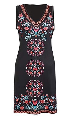 Vestido de mujer bohemio estampado, estilo étnico, cuello en V, minivestido plisado, línea A Negro
 S