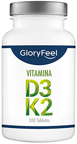 Vitamina D3 + K2 - Bote con 200 tabletas - 5.000 UI de vitamina D3 y 200 µg de vitamina K por tableta - Vitamina K2 original Menaquinona MK-7 All-Trans 99% - Hecho en Alemania