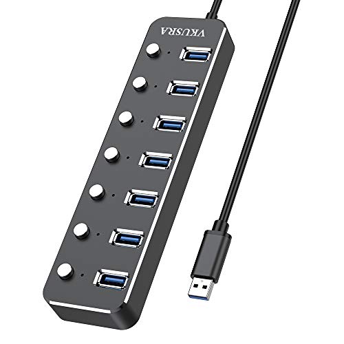 VKUSRA Hub USB 3.0, 7 Puertos USB Data Hub con Interruptores de Alimentación Individuales, Ultrafino de Aluminio Divisor Multipuerto USB para Mac Pro/Mini, Microsoft Surface Pro, DELL XPS 15 y más