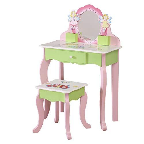 WODENY Juego de Mesa de tocador para niños Tocador para niños Cómoda y Silla y Taburete Conjuntos de Belleza Accesorios de Maquillaje de Moda Espejo con Almacenamiento de Madera para niñas Rosa