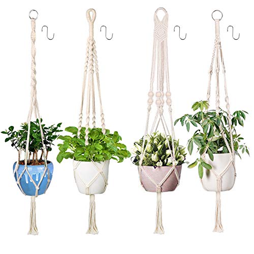 Xddias 4Pcs Colgante de Plantas Maceta Cuerda de Algodón Titular, 105cm Tejido Manual Cuerda para macetas con 4 Ganchos para Colgar Canasta para Jardín Decoraciones de Pared