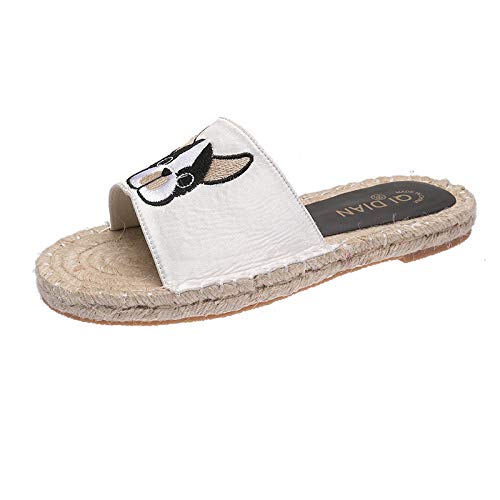 XLLJA Chanclas y Sandalias de Piscina Mujer,Summer Flat Straw Hemp Rope Fisherman Shoes Female Tendon Bottom Cartoon Dog Head Herringbone Sandals and Slippers-White_B-EU36