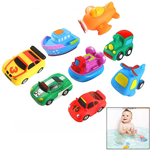 Xrten 8 Pcs Juguetes de Baño Fotante de Goma para Bebé Niños - Autos de Carreras, Barcos, Aviones y Tren