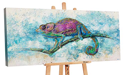 YS-Art Premium | Cuadro Pintado a Mano Iguana | Cuadro Moderno acrilico | 140 x 70 cm | Lienzo Pintado a Mano | Cuadros Dormitories | único | Turquesa | PS063