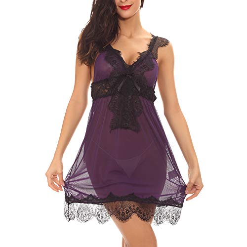 YSYW Falda De Encaje Sexy con Estilo De Quimono Kimono Camisón De Lencería De Malla para Mujer Vestido De Babydoll con Cinturón Y Tanga,Purple-L