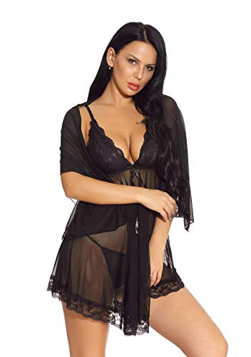 YUHOOE Lenceria Sexy De Mujer,Conjunto De Lencería De Encaje Sexy Babydoll Vestido Halter De Malla Transparente Ropa De Dormir Bata Ropa De Dormir + Chal + Conjuntos De Tanga Negro, S