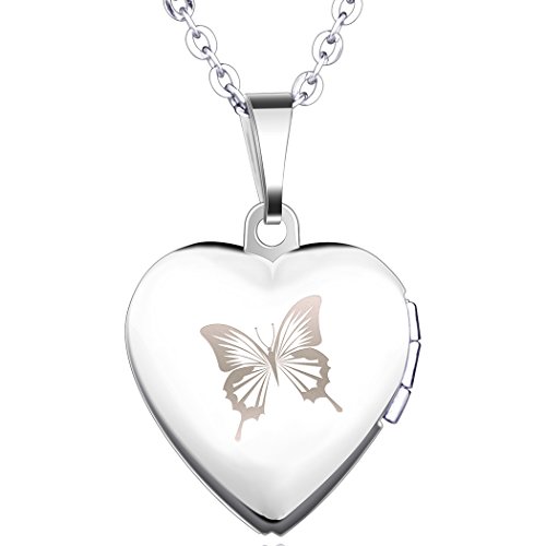 Yumilok - Medalla en Forma de Corazón de Acero Inoxidable Plateado con Una Mariposa Grabada y Abertura para Foto como Amuleto en Rosa o Azul, Incluye Cadena, para Hombre y Mujer