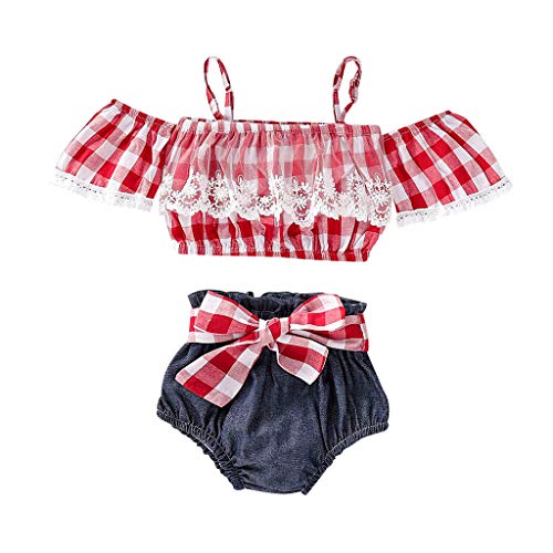 YWLINK Conjunto Bebé NiñAs Un Hombro Top De Encaje A Cuadros Camiseta Volante+Pantalones Cortos De Mezclilla Arco Mezcla De AlgodóN Moda Linda CóModo Vestido De Fiesta Playa(Rojo,6-12 meses/80)