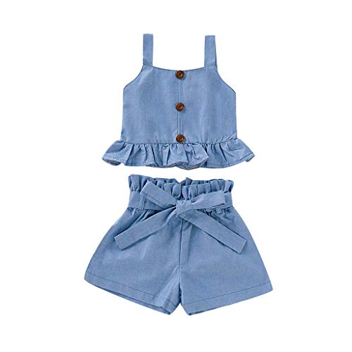 YWLINK Conjunto Bebé NiñAs Verano Mezcla De AlgodóN Sleeveless Plisada Sling Top Camiseta Manga Corta + Arco Pantalones Conjunto Moda Casual Lindo Regalo De CumpleañOs Viajes(Azul,3-4 años/120)