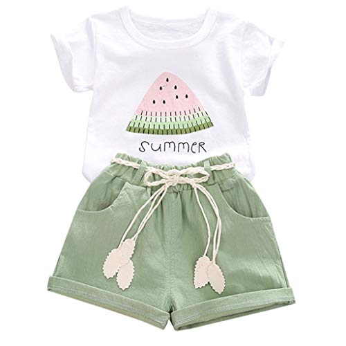 YWLINK Verano Mezcla De AlgodóN Conjunto De Manga Corta De SandíA, Manga Corta De SandíA Camiseta Estampada+Pantalones Cortos De Color Liso +Cuerda Decorativa 1-4 AñOs De Edad Bautizo Bebe Regalo