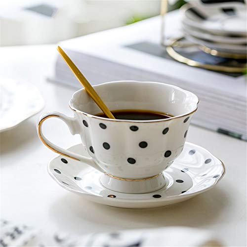 ZHAOCHENBO Blanco con Lunares Negros con Forma De Flor Conjunto De Platillo De La Taza De Café Estilo Europeo Juego De Té De Cerámica Fina Porcelana China Taza De Té Gold-Rimmed Drinkware