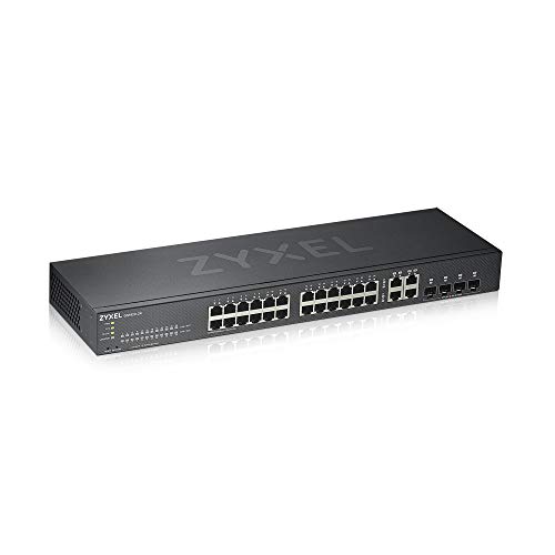 Zyxel Switch inteligente de 24 puertos Ethernet Gigabit - Diseño sin ventilador con 4 puertos combo Gigabit y modo Cloud híbrido, Garantía de Por Vida [GS1920-24v2]