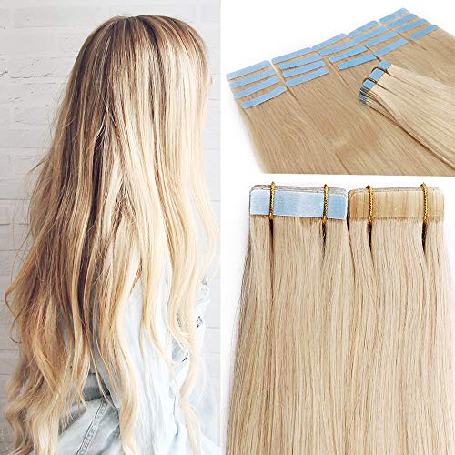 14"(35cm) SEGO Extensiones Adhesivas de Cabello Natural VOLUMEN FINO [1.5g*20PCS] #60 Rubio Platino Pelo Humano 100% Remy sin Clip Tape in Hair (30g)