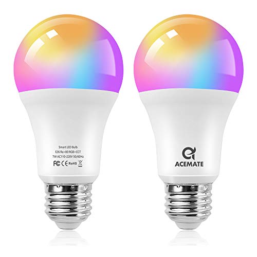 ACEMATE Bombilla inteligente LED WiFi Regulable Multicolor Lámpara(no se requiere hub),E26(E27),7W=60W,Luz Cálida/Frías & RGB,A60,compatible con Alexa,Siri,Echo,Google Home and IFTTT Control(2 PCS)