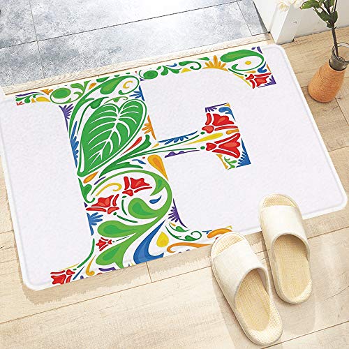 Alfombra De Baño Cocina,Letra F, Patrón de flores y hojas animadas Capital F Diseño de alfabeto flora,Alfombrilla de baño con Ducha Antideslizante Lavable a máquina para baño y Sala de Estar 60x100 cm