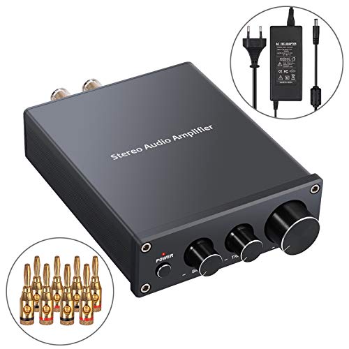 Amplificador Audio Estéreo 2 Canales Mini Hi-Fi Amplificador de Potencia Amp Digital Integrado Clase D con Control de Bajos y Agudos para Altavoces Pasivos 50W + 50W