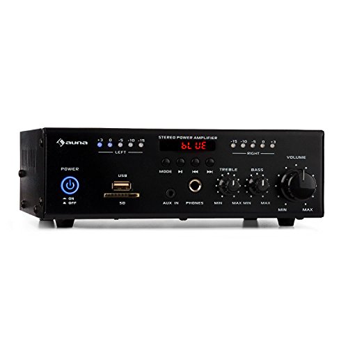 auna Amp4 BT - Amplificador de Equipo estéreo , Amplificador Hi-Fi , Entrada USB , Mando a Distancia , Pantalla LED , Bluetooth V2.0 , Ecualizador 2 Bandas , 2x25 W , Lector Tarjetas SD/MMC , Negro