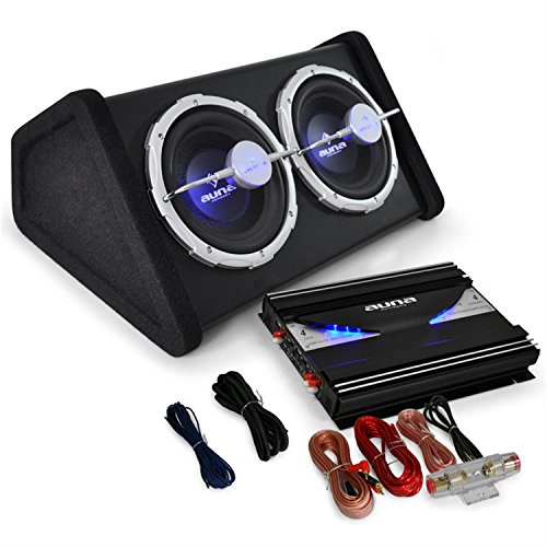 Auna Black Line 140 Equipo de Sonido HiFi para Coche (Amplificador 4 Canales 2800W, 2X subwoofer 10" 1600W, Set Cables)