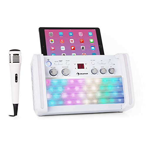 auna DiscoFever 2.0 Equipo de Karaoke - Bluetooth , Juego de Karaoke , Función Eco , Reproductor CD-/CD+G , Iluminación LED , Soporte para Tablet , Incluye Karaoke CD+G y micrófono , Blanco